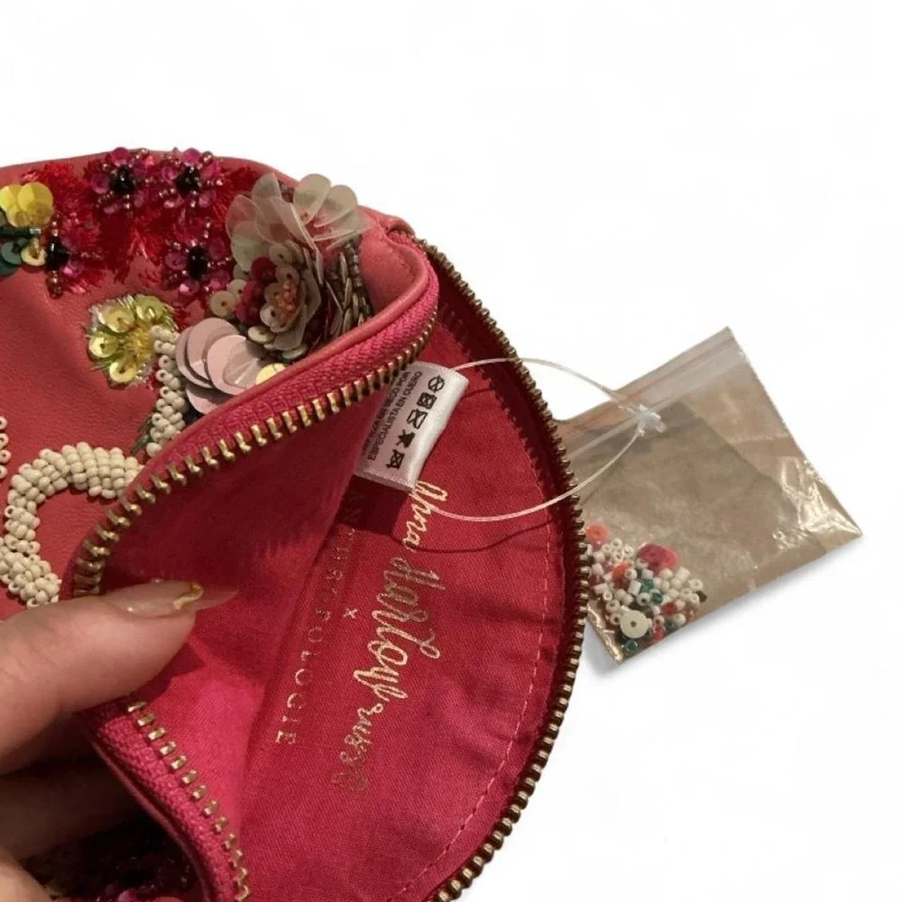 Anna Harley Russo Anthropologie Coin Makeup Purse Pink Like New Beaded Floral